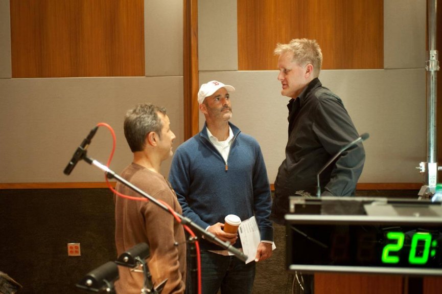 Producers J. Todd harris and Mitchell Peck with composer Brian Ralston at the Crooked Arrows scoring session. March 18, 2012. At The Bridge Recording, Glendale, CA. Photo by Bob Degus