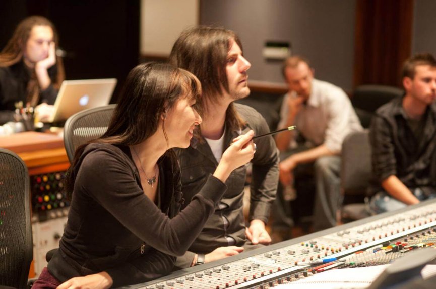 Mixer & Sound Designer Lisa Fowle, Score Recording Engineer Adam Schmidt and contractor Peter Rotter at the Crooked Arrows scoring session. March 18, 2012. At The Bridge Recording, Glendale, CA. Photo by Bob Degus