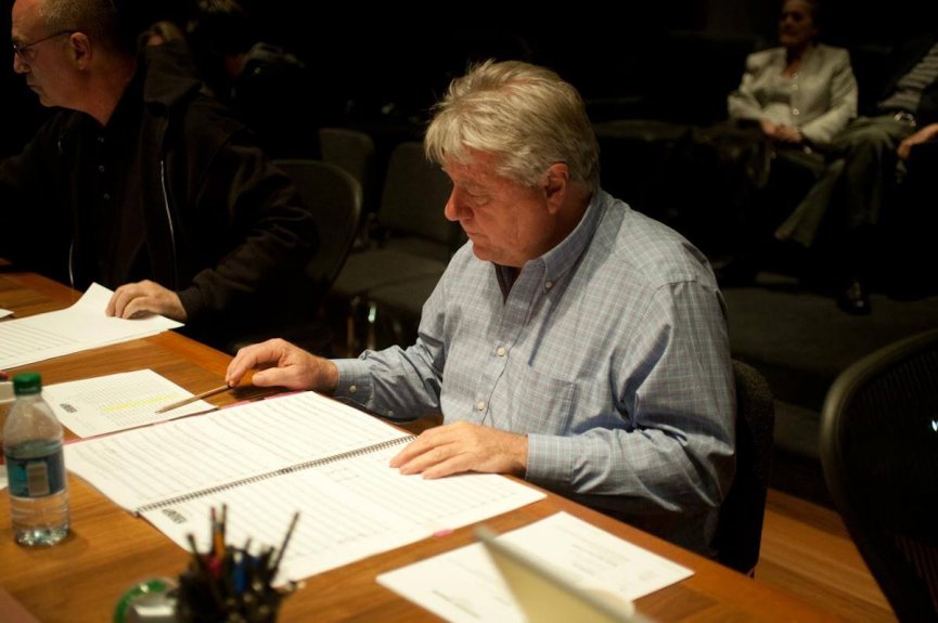 Director Steve Rash reading my sheet music at the Crooked Arrows scoring session. March 18, 2012. At The Bridge Recording, Glendale, CA. Photo by Bob Degus