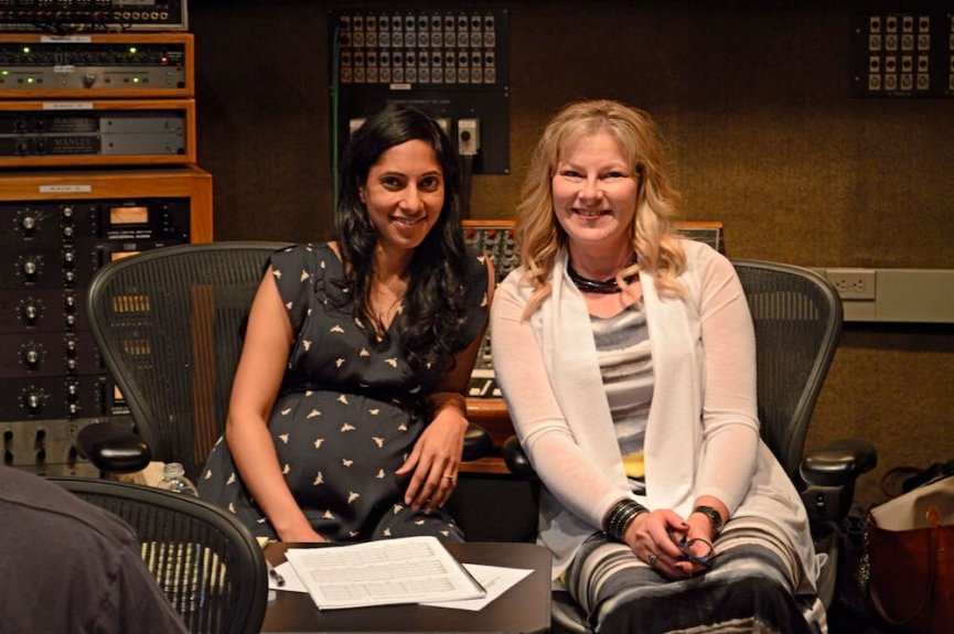 Composer/arranger Amritha Vaz and songwriter Lisa Cuthill at United Recording