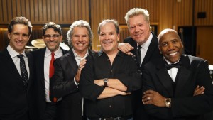 Dick Van Dyke's band L-R: Eric Marienthal sax, Bill Cantos piano, Terry Wollman guitar, Danny Gold producer, JR Robinson drums, Nathan East bass